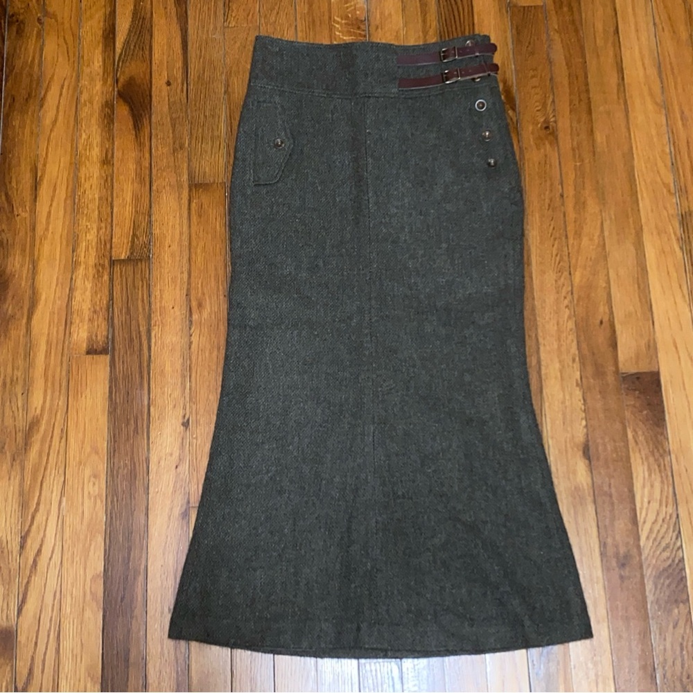 Rare RALPH LAUREN Lambs Wool Alpaca Green Long Maxi Skirt Leather Buckles Size 4